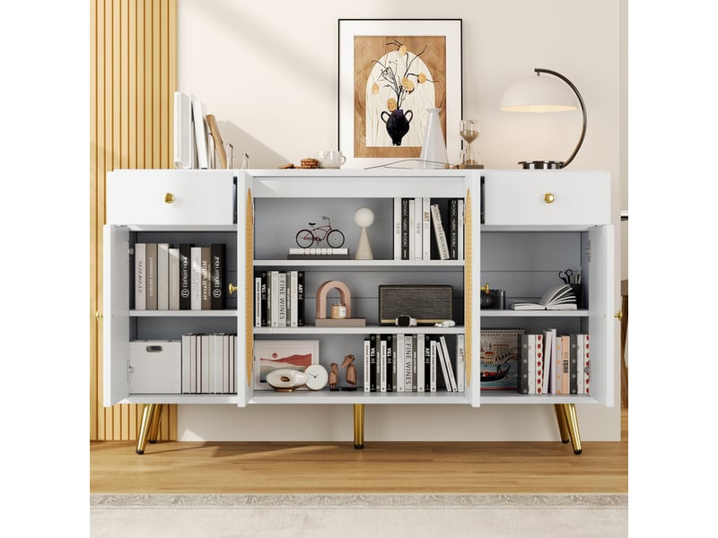  Commode 2 tiroirs et 4 portes, étagères réglables en hauteur, l140 x p35 x h82 cm, coloris blanc et tons naturels  - Conforama D