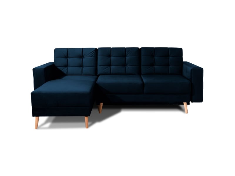  Canapé d'angle convertible hasgard 3 places bleu foncé 248x162 cm – coffre et pieds bois  - Conforama A