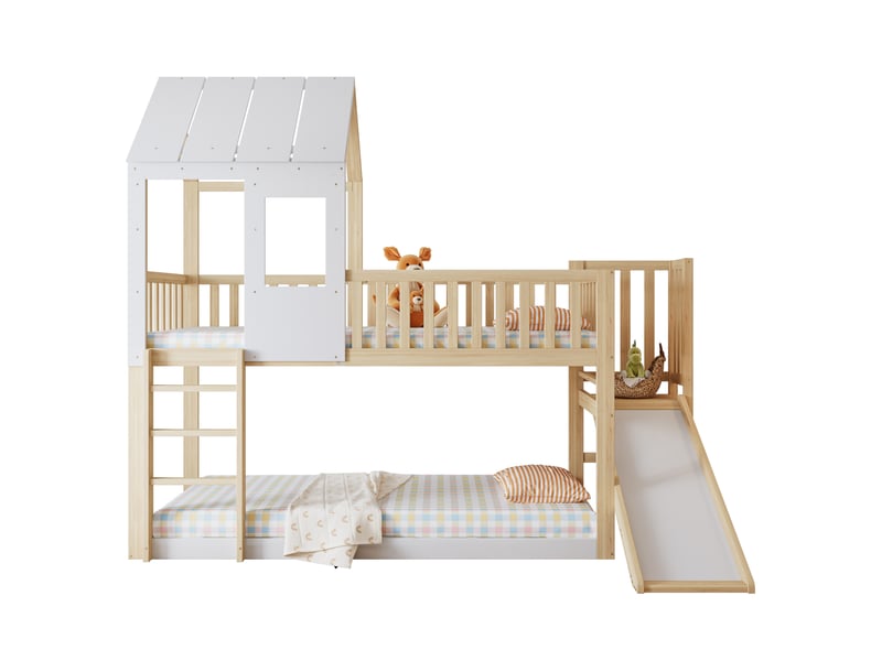  Modenvie lit mezzanine enfant 90x200 cm - avec toboggan, toit avec fenetre, sans matelas - naturel  - Conforama A