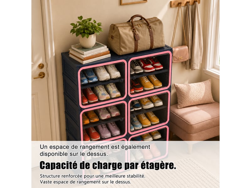  Meuble à chaussures pliable,85×34×104 cm,6 niveaux, 24 paires,porte transparente en pet,matériau pp,style moderne,bleu  - Conforama E