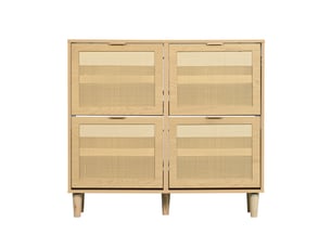 Meuble à chaussures 100x25x90 cm avec 4 portes abattantes, façades cannage et poignées métal, gain de place - Chêne clair