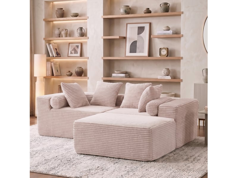  Canapé modulable d'angle 3 places compressé 266x110x60 cm, pour le salon, en mousse douce et en velours côtelé, beige  - Conforama B