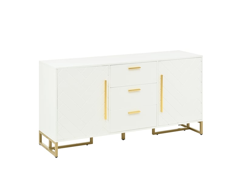  Buffet blanc élégant avec motif à chevrons, 2 portes et 3 tiroirs, meuble de rangement moderne  - Conforama R
