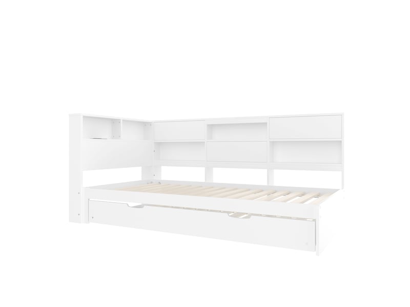  Lit banquette 90x200 cm avec lit gigogne blanc 90x190 cm - rangement tête de lit et ports usbtype-c  - Conforama W