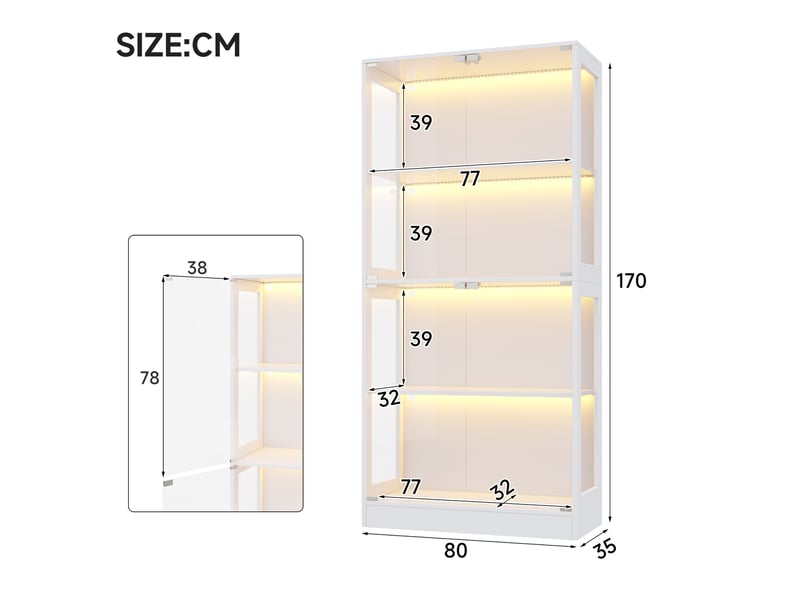 Vitrine led pour figurines et modèles, 80 x 35 x 170 cm, 4 niveaux, mdf et verre trempé blanc - Conforama C
