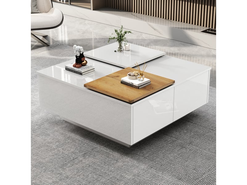  Table basse carrée avec 4 tiroirs et plateau coulissant, finition brillante, en panneau de particules, 75 × 75 × 35 cm, blanc - uvrion  - Conforama D