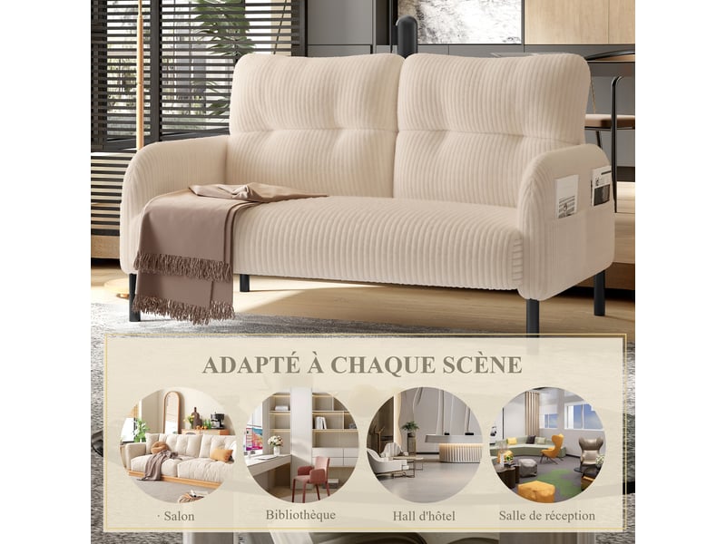  Canapé droit 2 places en velours côtelé beige 120 x 75 x 79 cm avec poches latérales, salon bureau chambre 120x75x79cm - Conforama W