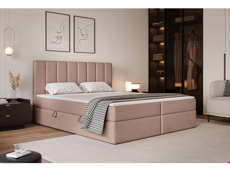 Lit coffre leo - 180x200 cm - avec matelas et surmatelas - tissu tissé chiné - rose pâle LEO - Conforama B