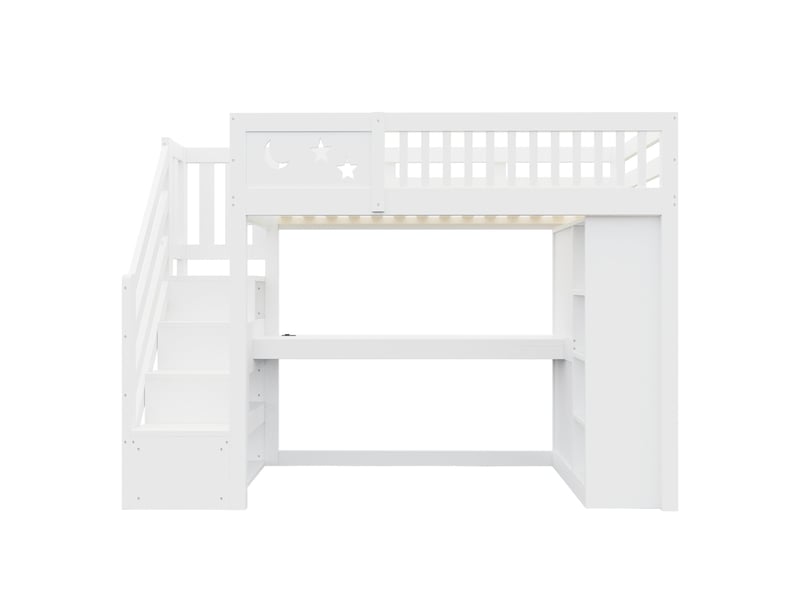  Lit mezzanine en bois 90 × 200 cm, avec garde-corps unique, incluant bureau, éclairage led, étagères ouvertes et armoire, blanc  - Conforama A