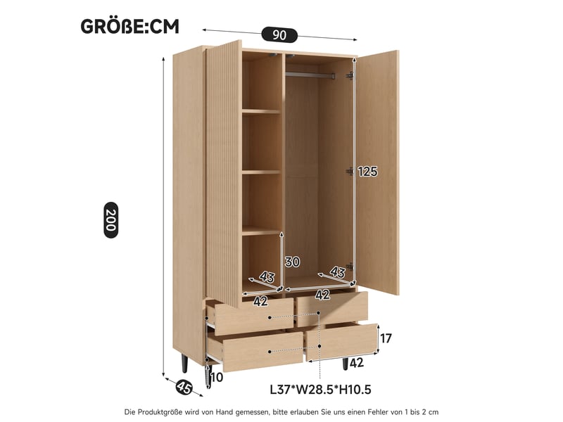  Armoire de chambre 90 x 45 x 200 cm, 4 tiroirs, 4 compartiments et 1 tringle, 2 portes avec miroir, chêne  - Conforama C