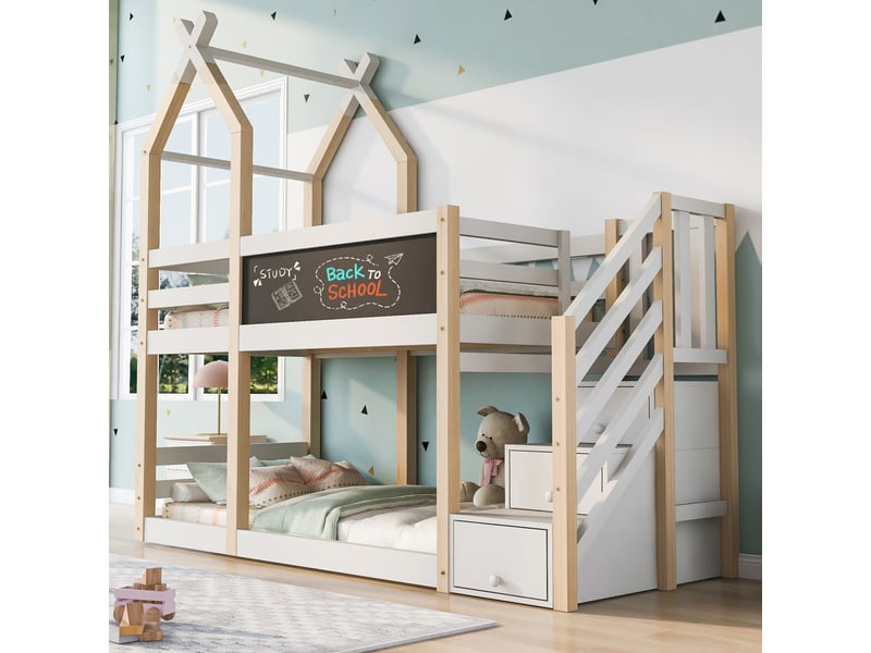 Lit superposé enfant 90x200 cm avec rangements et escalier coffre, blanc, sans matelas - Conforama W
