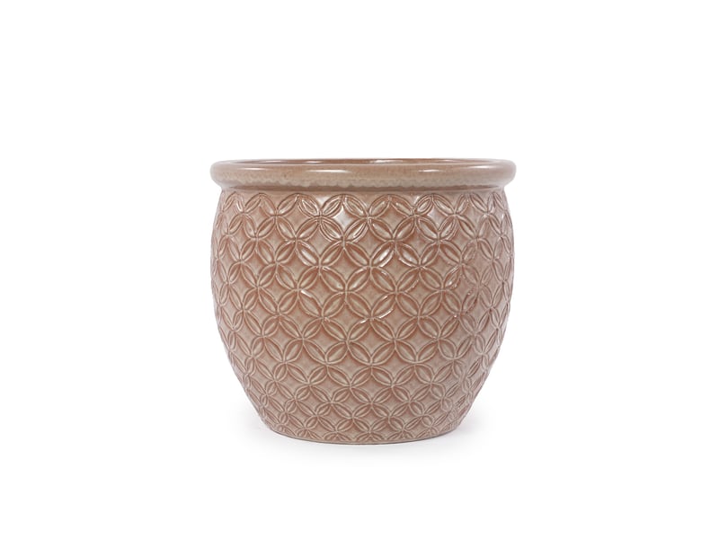  Pot de fleurs en céramique ø 23 x h 20,5 cm – beige brillant – relief pièces et drainage pour intérieur et balcon  - Conforama D