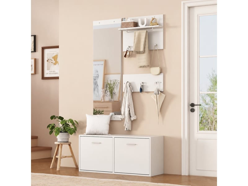  Ensemble meuble d’entrée blanc 4 pièces avec miroir, meuble à chaussures et 6 crochets  - Conforama D