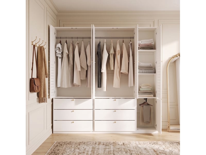  Armoire 5 portes 225x50x200 cm, 3 tringles, 6 tiroirs, portes lamellées, panneaux de particules, blanc  - Conforama B