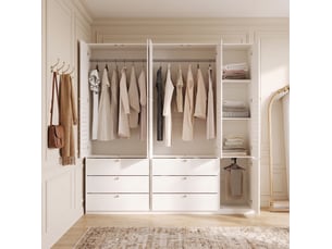 Armoire 5 portes 225x50x200 cm, 3 tringles, 6 tiroirs, portes lamellées, panneaux de particules, blanc