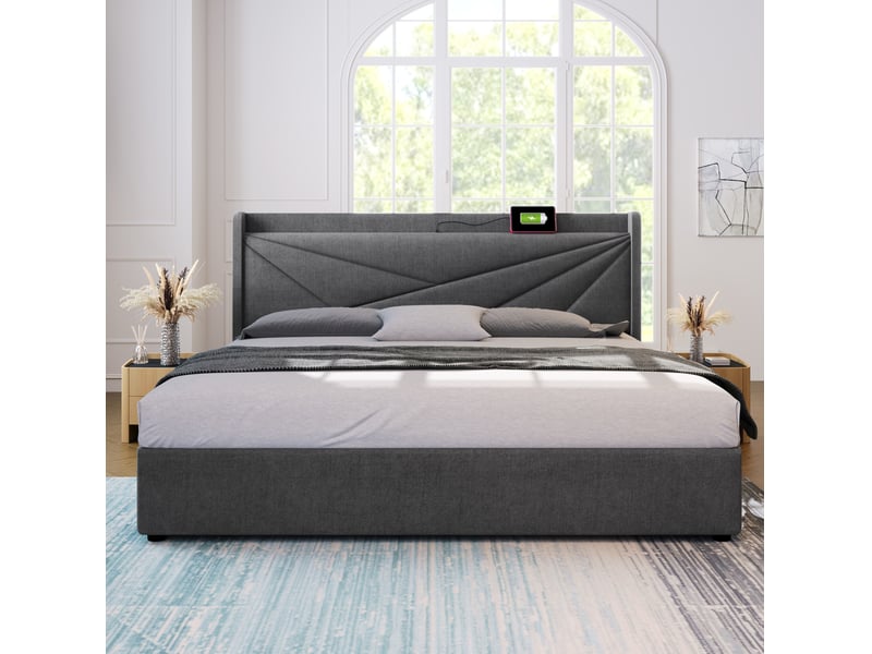 Lit coffre adulte 160x200 cm – gris – rangement relevable, ports usb et usb-c, sommier et matelas inclus - Conforama B