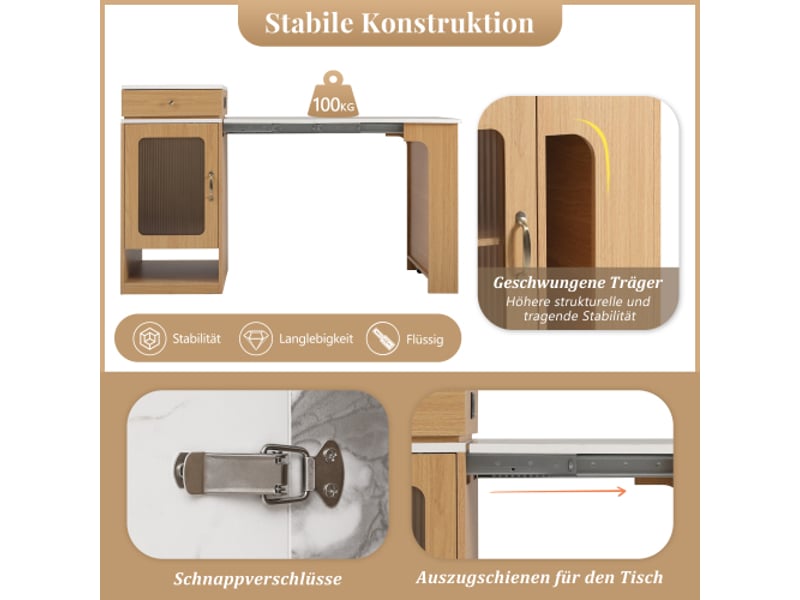  Îlot de cuisine mobile avec table extensible et plateau amovible, bar avec prises – bahutsideboard naturel  - Conforama E