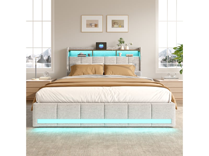 Lit double rembourré 140x190 cm, avec éclairage led, lit coffre avec 4 tiroirs, tête de lit avec 2 usb, 1 type c, sommier à lattes, lin, beige  - Conforama W
