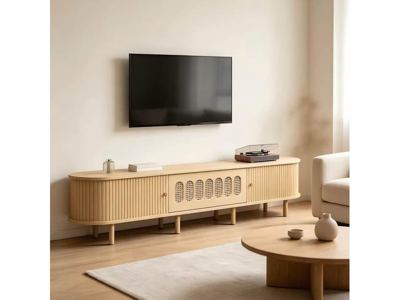  Meuble tv avec porte abattante et 2 portes coulissantes, 5 espaces fermés en mdf naturel pour salon 180 × 40 × 40 cm  - Conforama B