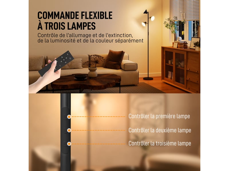  Lampadaire led lampadaires sur pied salon dimmable 2700k-6000k 4150 lm 3 têtes rotatives noir ø 25 x 170 cm  - Conforama R