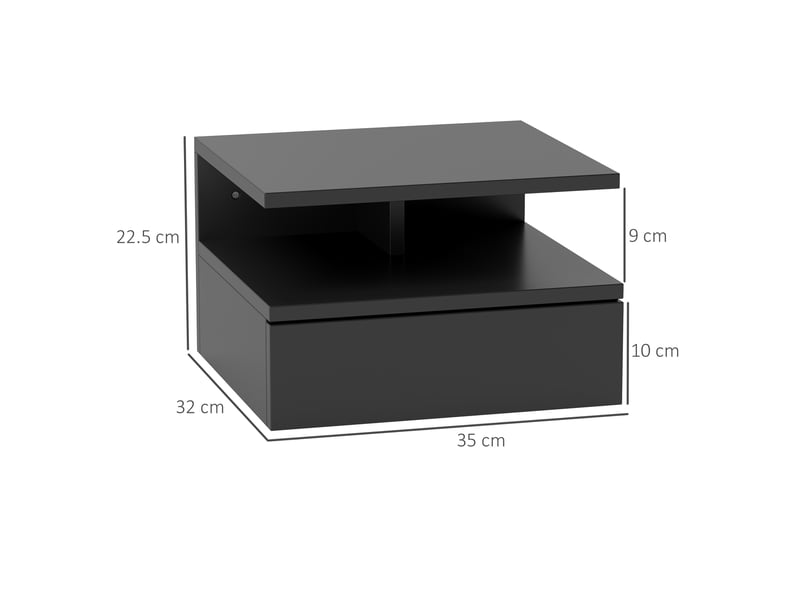  Table de chevet suspendue avec tiroir et étagère en bois, 35 x 32 x 22,5 cm, noire  - Conforama E