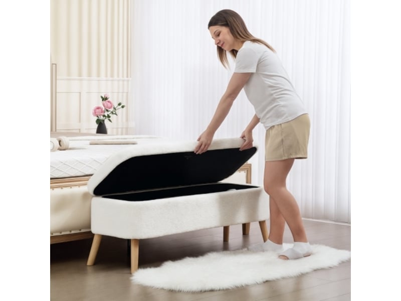 Pouf coffre crème 120x42x45 cm avec 65 l de rangement, tissu polaire, bois d’hévéa  - Conforama B