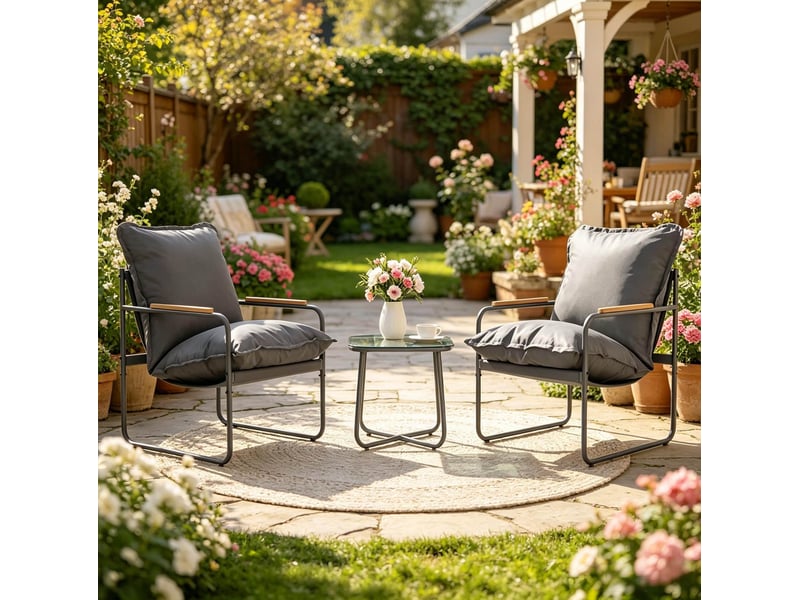 Ensemble table et chaises de jardin avec 1 table et 2 chaises, en métal et verre gris - Conforama C