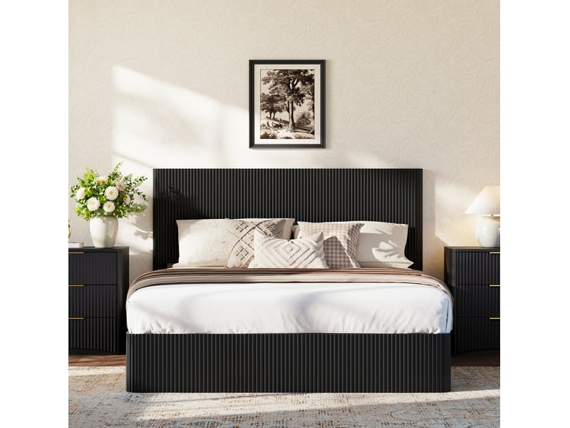  Lit coffre 160 x 200 cm avec sommier à lattes et système hydraulique noir  - Conforama D