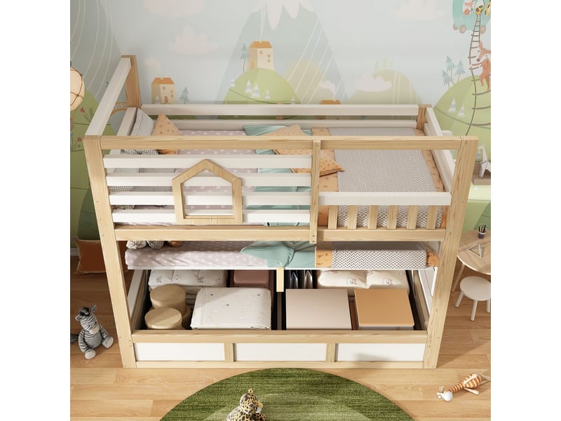  Lit superposé 90 x 200 cm 2 couchages style cabane blanc et bois naturel fenêtre décorative garde-corps de sécurité échelle droite rangement hydraulique  - Conforama B