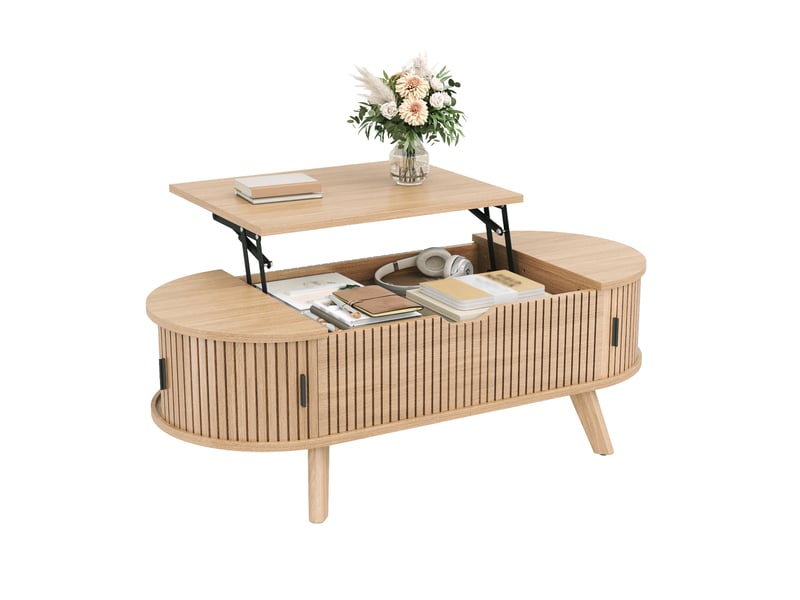  Table basse relevable ovale 110 x 50 x 53,5 cm avec plateau relevable, grand rangement caché et 2 portes coulissantes, mdf, naturel OMNIGLINT TRADING LTD - Conforama A