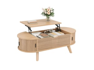 Table basse relevable ovale 110 x 50 x 53,5 cm avec plateau relevable, grand rangement caché et 2 portes coulissantes, mdf, naturel