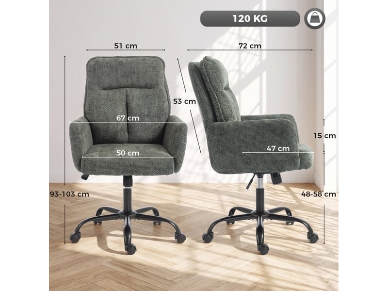 Chaise de bureau pivotante à assise large, réglable en hauteur et basculante, en tissu aspect lin vert foncé - Conforama C