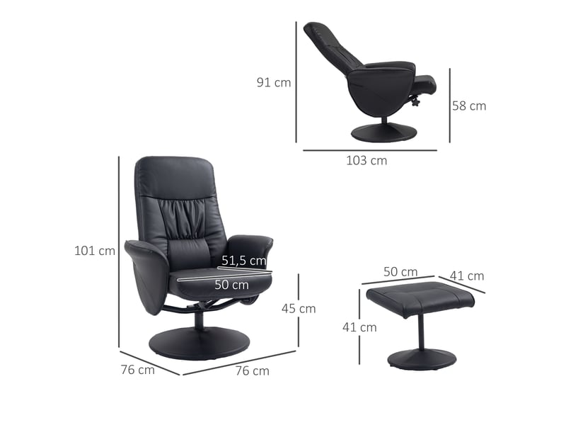  Ensemble fauteuil 2 pièces, fauteuil avec repose-pieds, fauteuil inclinable avec repose-pieds, réglable en hauteur, dossier inclinable, noir  - Conforama E
