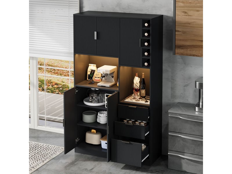  Meuble de rangement 180 x 105 x 40 cm meuble haut meuble à vin étagères réglables 3 tiroirs casier à bouteilles éclairage led à couleurs changeantes prises intégrées  - Conforama A