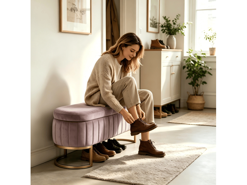  Banc coffre en velours 130 cm avec pieds en métal doré rose  - Conforama C