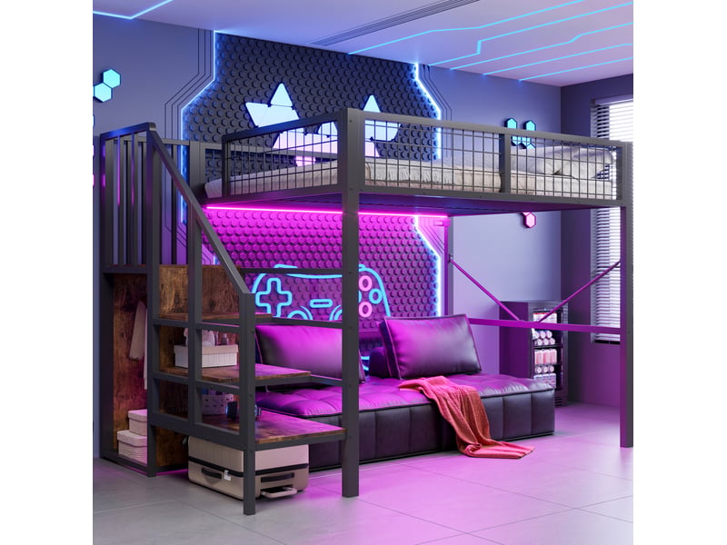 Lit mezzanine 140x200 cm avec échelle, rangements et éclairage led noir - Conforama E