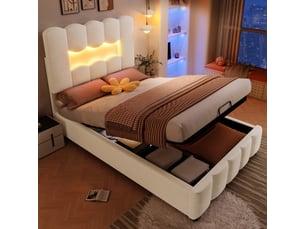 Lit coffre simple 90 x 200 cm avec tête de lit réglable, lit rembourré avec éclairage led et ouverture hydraulique, velours, beige