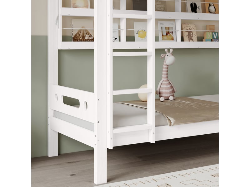 Lit superposé 90x200cm, bois + en mdf, coloris blanc, escalier à 5 marches, étagères ouvertes ajustables, sans matelas - Conforama E
