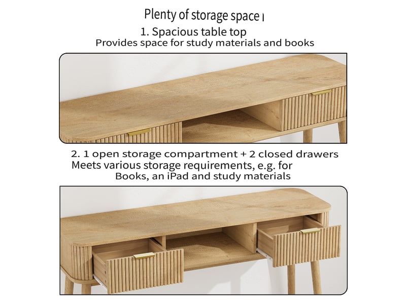  Console style mid-century avec 2 tiroirs et étagère ouverte, finition aspect chêne, 120 x 35 x 77,6 cm  - Conforama D