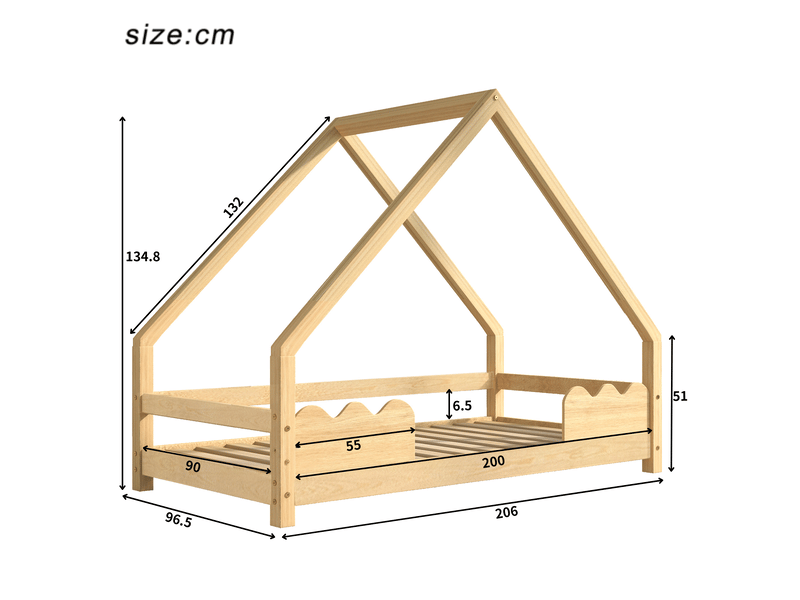 Lit cabane enfant 90x200 cm, bois naturel, protection antichute, sommier, lit simple, sans matelas - Conforama C