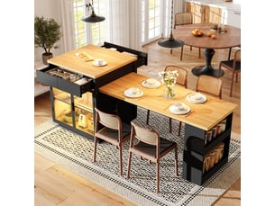 Îlot de cuisine extensible 122-194.5x59x94cm avec 2 tiroirs, vitrines frontales, plan de travail multifonction et led rgb pilotable par application, noir