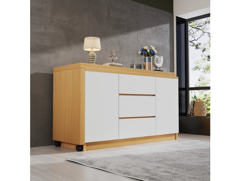  Bureau 120x50x76,5 cm, plateau rotatif 360°, 2 portes et 3 tiroirs, meuble chambre et salon, aggloméré, chêne et blanc  - Conforama D