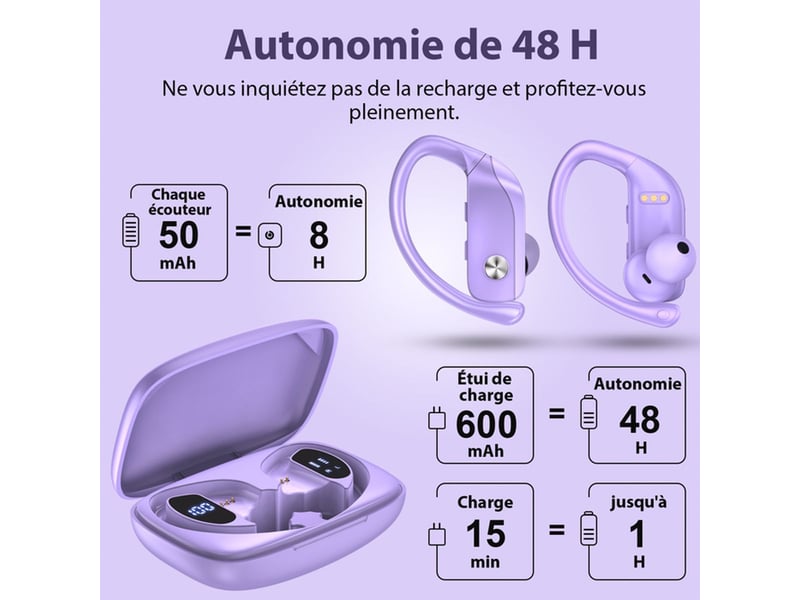 Ecouteurs sans fil sport bluetooth 5.1 violet intra-auriculaires avec micro et boîtier de charge - Conforama D