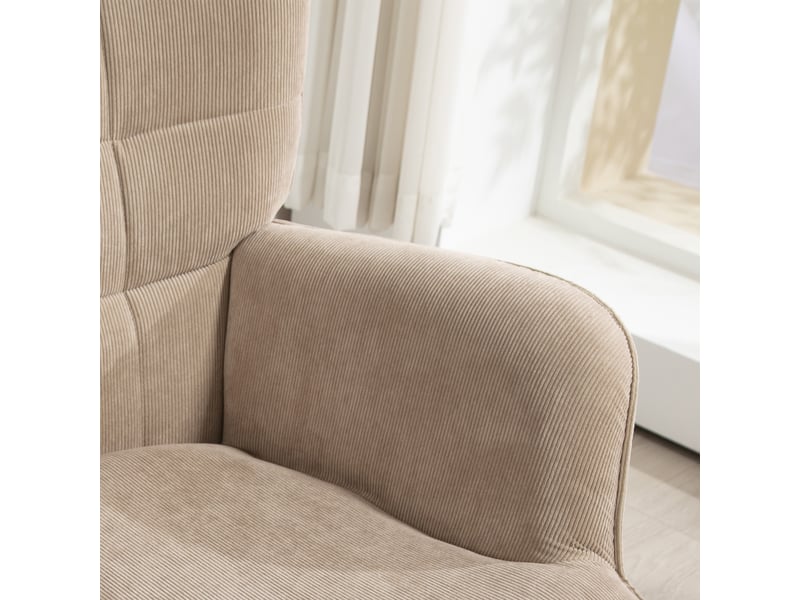  Fauteuil à oreilles et son repose-pieds piètement bois velours côtelé dossier effet capitonné marron clair  - Conforama E