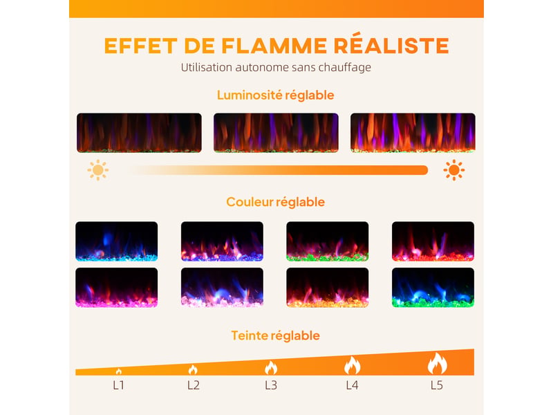  Cheminée électrique mural ou encastrable 900w1800w, effet flamme à 12 couleurs 5 luminosités, 127 x 9,4 x 47 cm, noir  - Conforama D