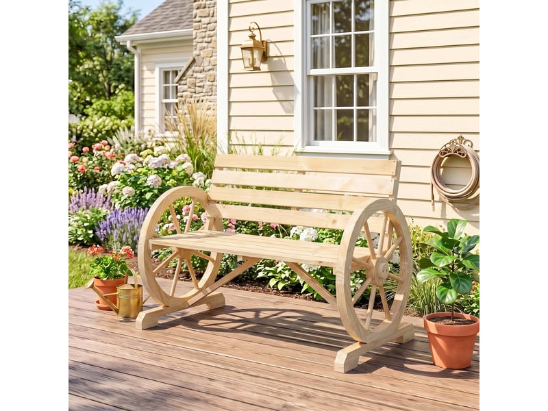  Banc de jardin 2 places avec structure à lattes et accoudoirs en forme de roue de chariot, en bois, 105,5 x 56 x 79 cm, couleur bois  - Conforama D