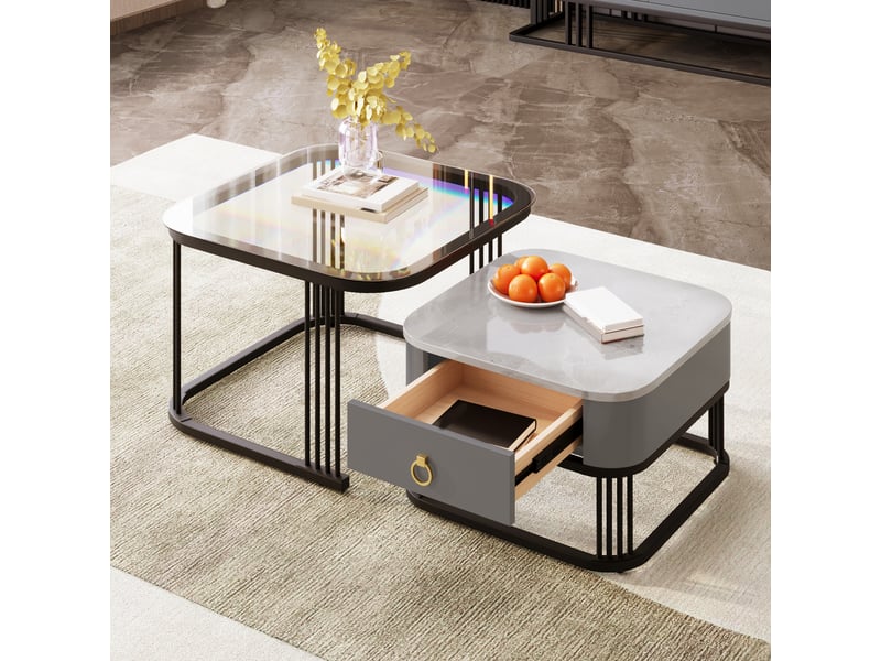  Tables basses gigognes avec 2 tiroirs, plateau verre et décor marbre, métal noir pour salon, mdf noir et gris  - Conforama C