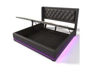 Lit coffre 140 × 200 cm 2 places avec usb, type-c, led et matelas inclus, en pu noir à tête capitonnée