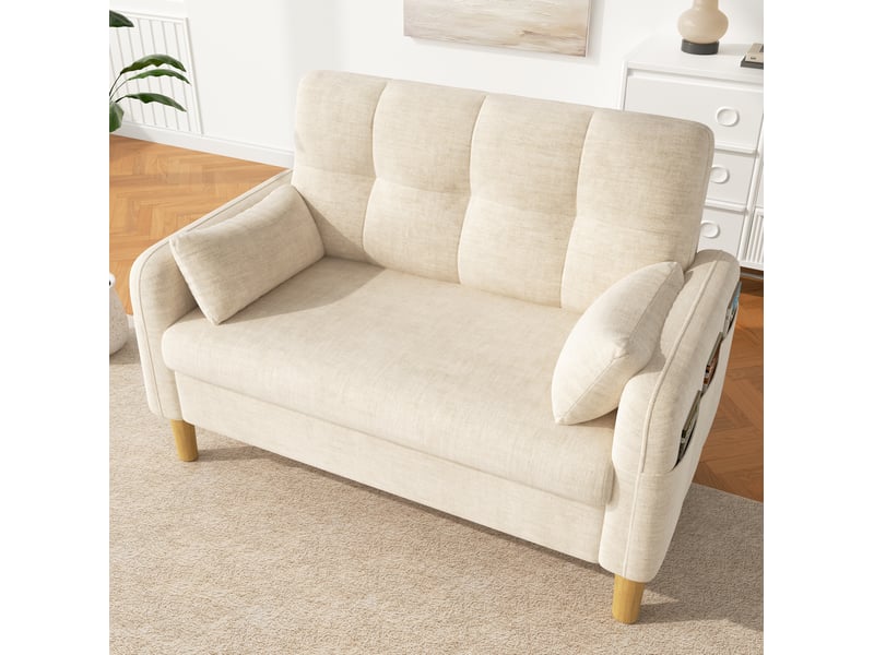 Canapé 2 places moderne avec gros coussins doux, 2 oreillers et poche latérale pour rangement, idéal pour le salon, la chambre ou les petits appartements, tissu chenille, beige - Conforama D