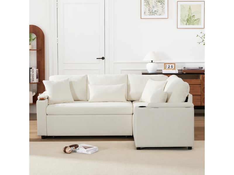  Canapé d’angle convertible l 45 places 206,5x141x86 cm avec coffre de rangement, fonction lit, méridienne fixe droite, porte-gobelets, usb, étagères d’accoudoirs, coussins - beige  - Conforama E